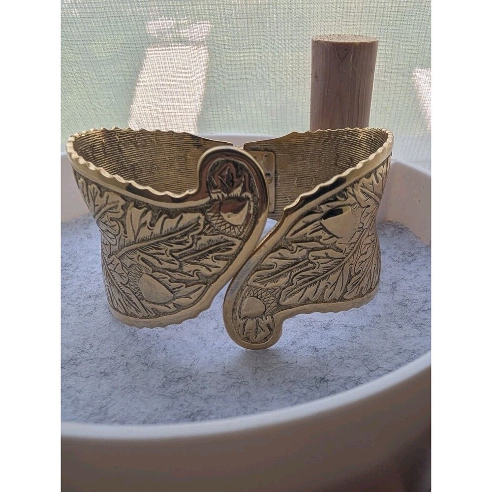 Gold Tone Textured Leaf Hinge Bracelet Boho